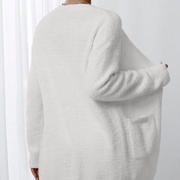 White Casual Women's Plain Long Sleeve Minimalist Cardigan Top - Picture 2 of 6